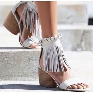 Free People White Fringe Block Heel Sandals